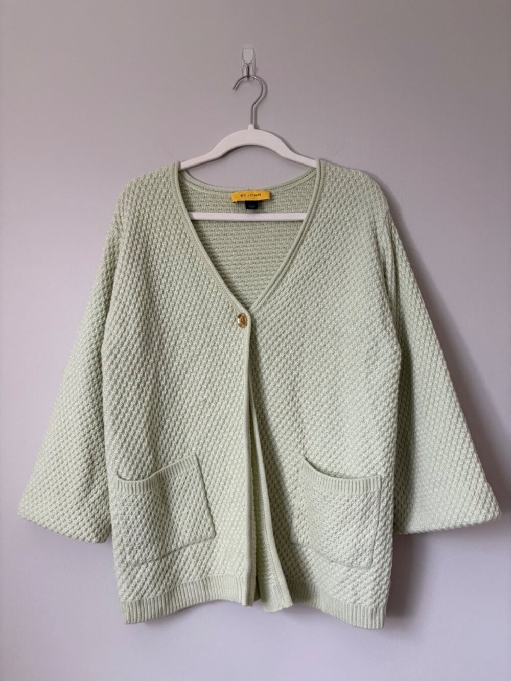 St. John Wool Knit Bell-Sleeve Open-Front Pockets Cardigan Sweater Pastel Green